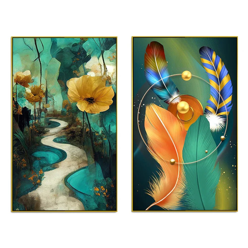Contemporary Golden Floral Canvas Wall Painting Two Pieces - All India Decor