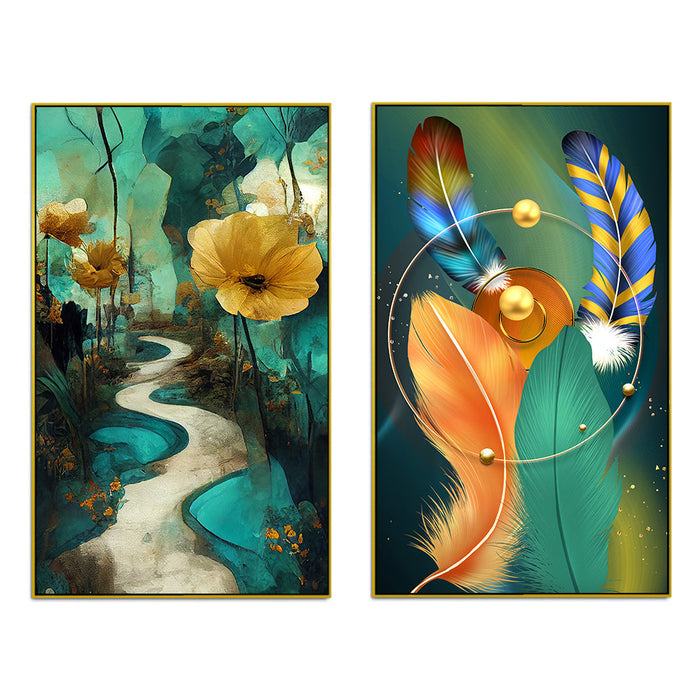 Contemporary Golden Floral Canvas Wall Painting Two Pieces