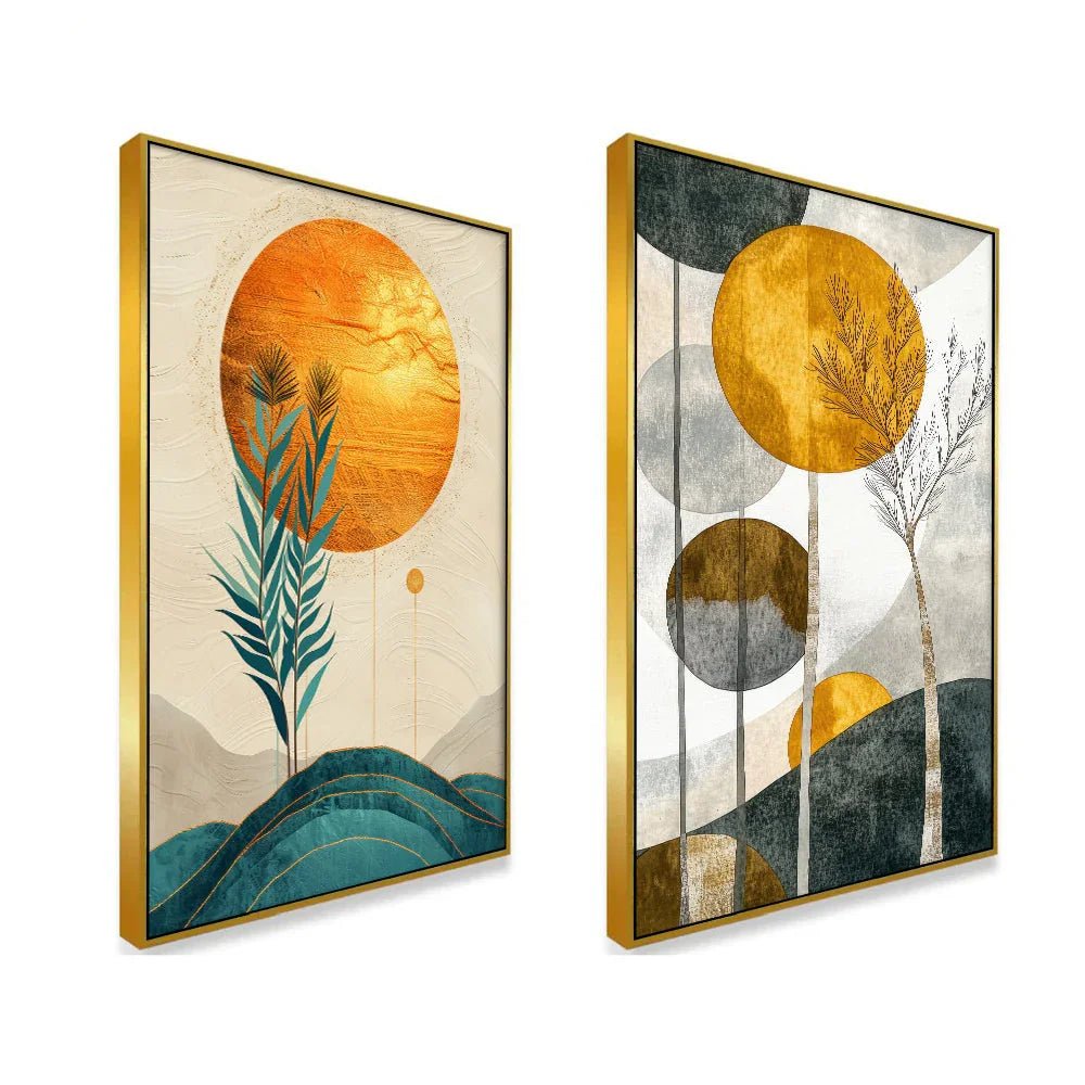 Abstract Golden Modern Canvas Wall Painting Two Pieces - All India Decor