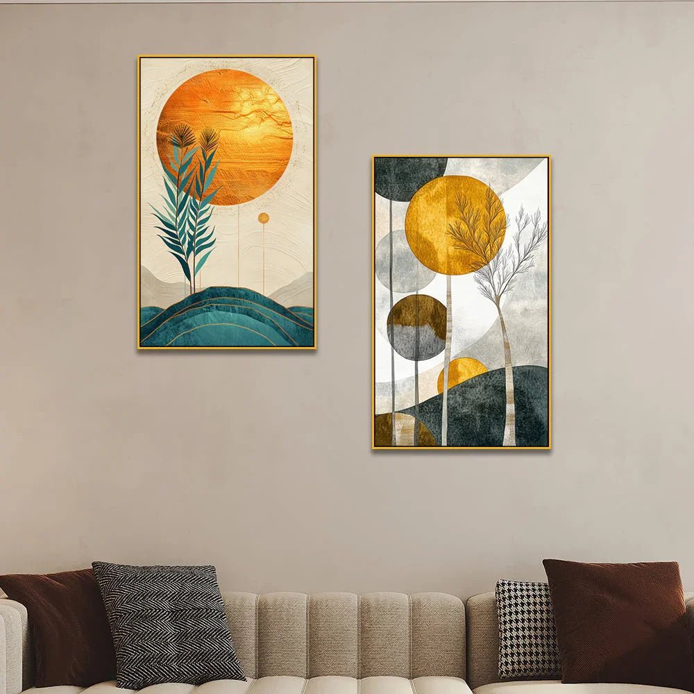 Abstract Golden Modern Canvas Wall Painting Two Pieces - All India Decor