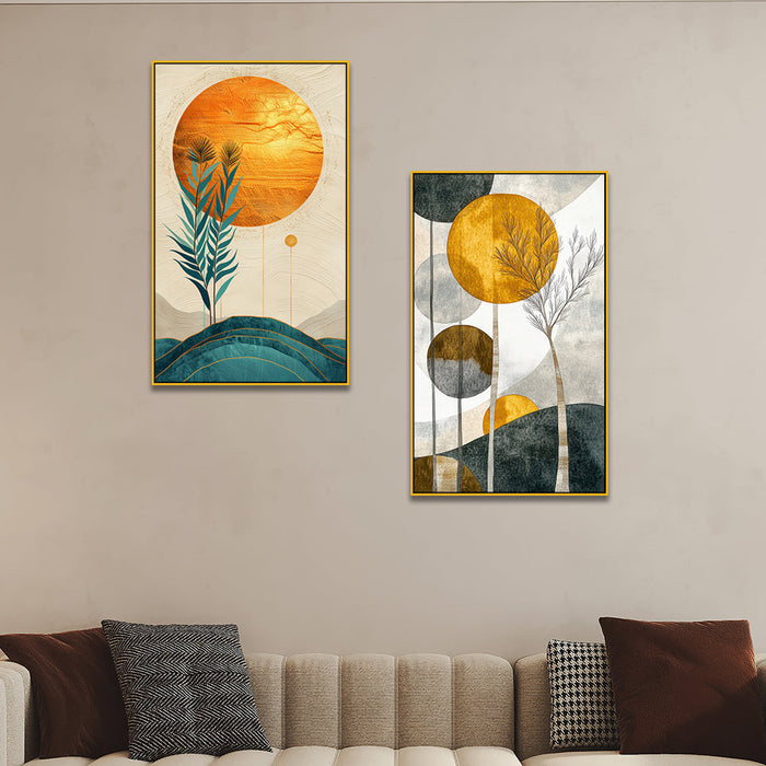 Abstract Golden Modern Canvas Wall Painting Two Pieces