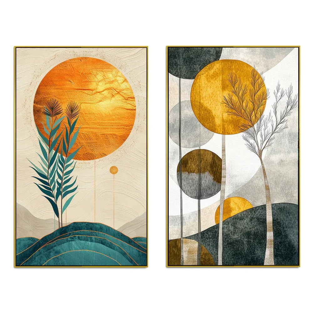 Abstract Golden Modern Canvas Wall Painting Two Pieces - All India Decor
