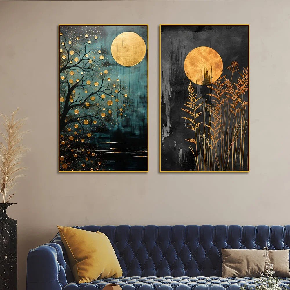 Abstract Golden Floral Tree Canvas Wall Decorative Painting Two Pieces - All India Decor