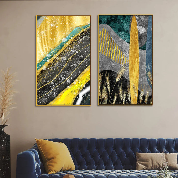 Modern Abstract Golden Dried Botanical Wheat Grass Boho Canvas Painting Two Pieces - All India Decor