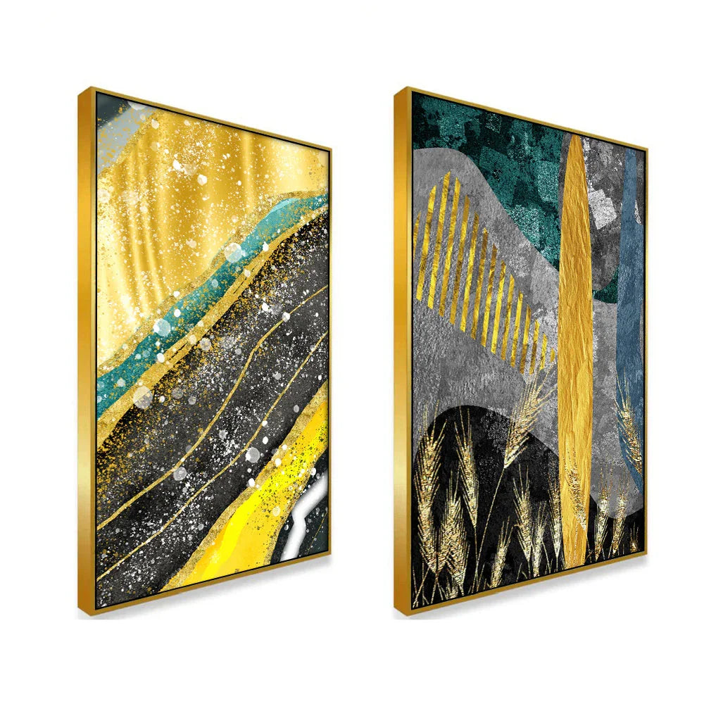 Modern Abstract Golden Dried Botanical Wheat Grass Boho Canvas Painting Two Pieces - All India Decor