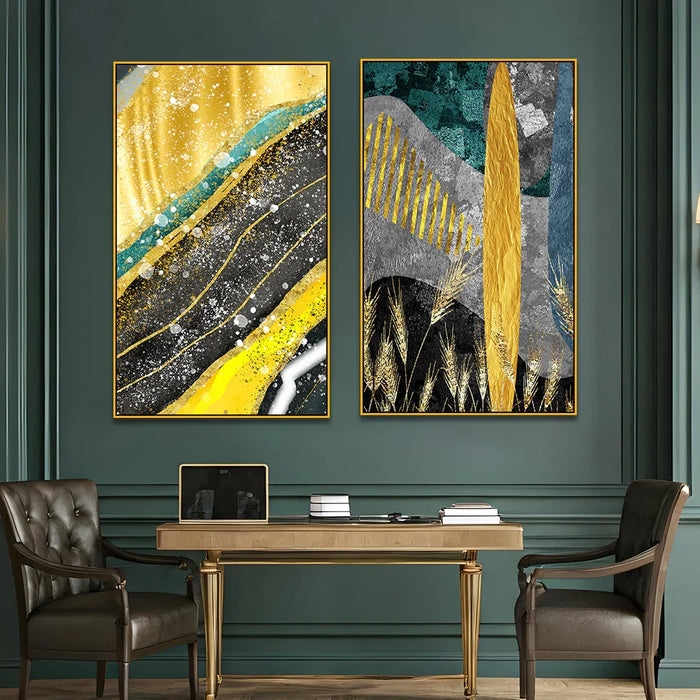 Modern Abstract Golden Dried Botanical Wheat Grass Boho Canvas Painting Two Pieces - All India Decor
