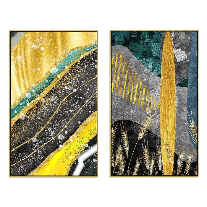 Modern Abstract Golden Dried Botanical Wheat Grass Boho Canvas Painting Two Pieces - All India Decor
