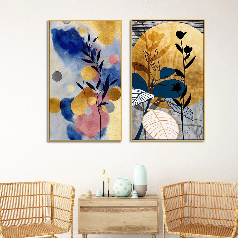 Bohemian Abstract Golden Floral Canvas Wall Painting Two Pieces - All India Decor