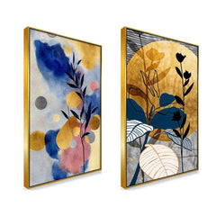 Bohemian Abstract Golden Floral Canvas Wall Painting Two Pieces - All India Decor