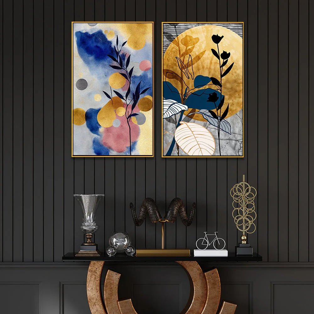 Bohemian Abstract Golden Floral Canvas Wall Painting Two Pieces - All India Decor