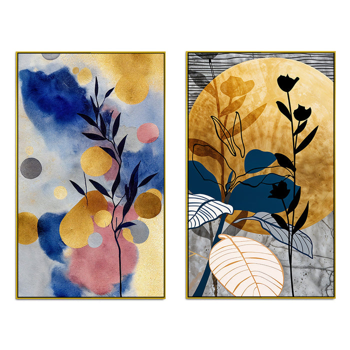 Bohemian Abstract Golden Floral Canvas Wall Painting Two Pieces