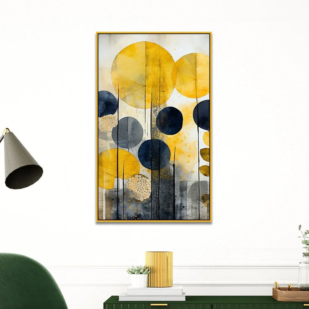 Yellow and Black Flowers and Leaves Floating Frame Modern Canvas Wall Painting - All India Decor
