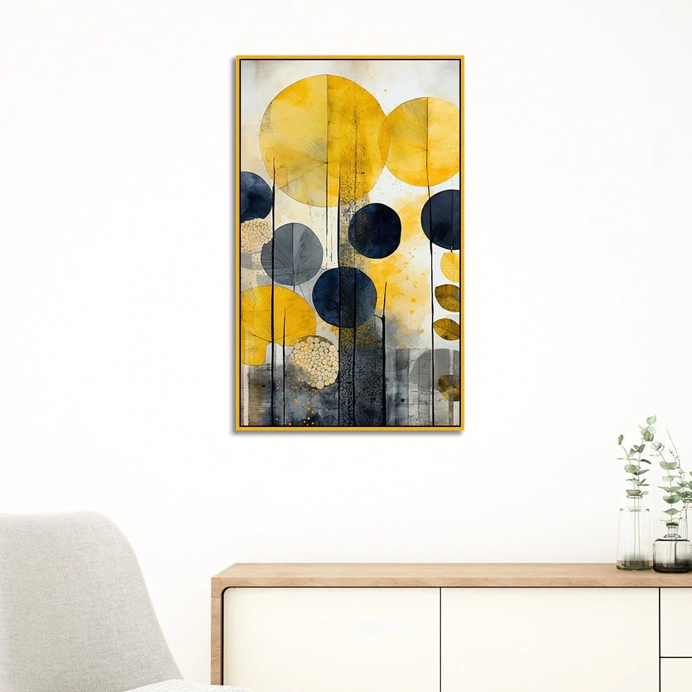 Yellow and Black Flowers and Leaves Floating Frame Modern Canvas Wall Painting - All India Decor