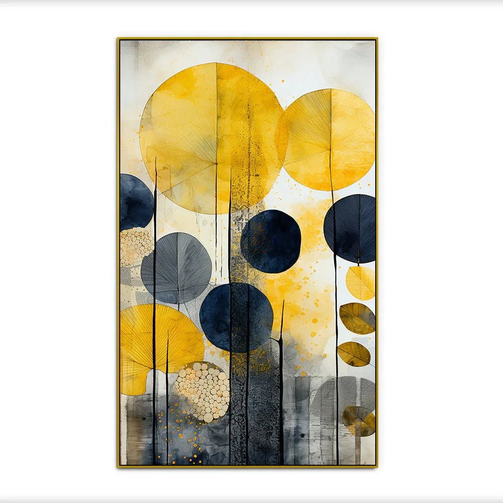 Yellow and Black Flowers and Leaves Floating Frame Modern Canvas Wall Painting - All India Decor