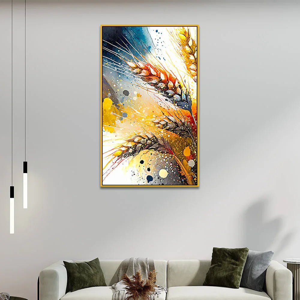 Wheat Stalks with Golden Tones Floating Frame Canvas Wall Painting - All India Decor