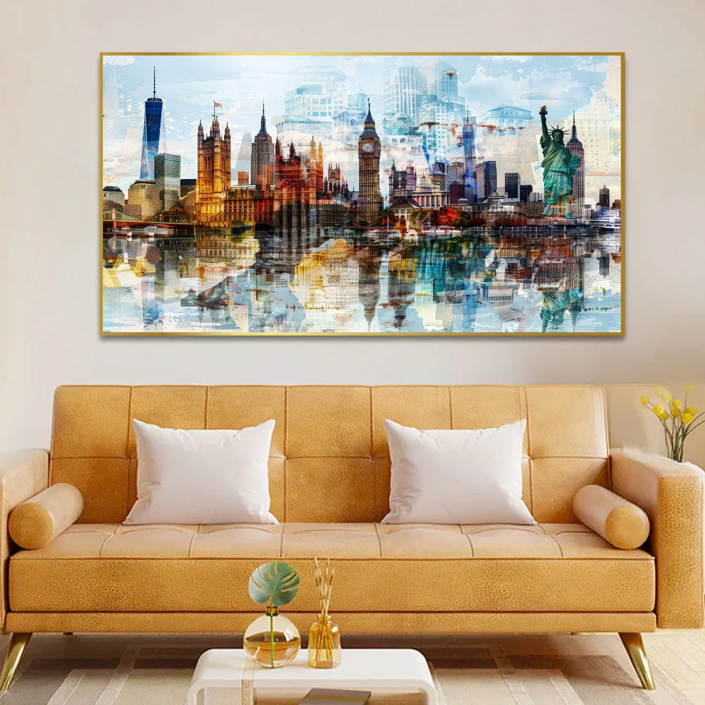 Abstract Cityscape with Tram Skyscrapers Floating Frame Canvas Wall Painting - All India Decor