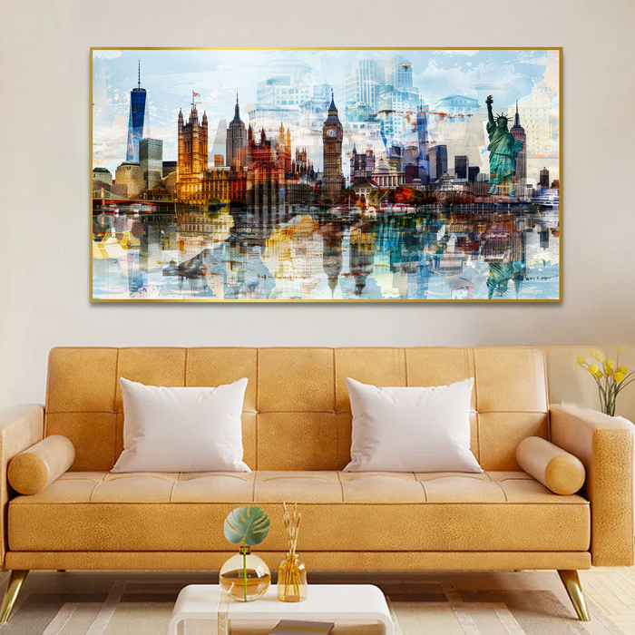 Abstract Cityscape with Tram Skyscrapers Floating Frame Canvas Wall Painting