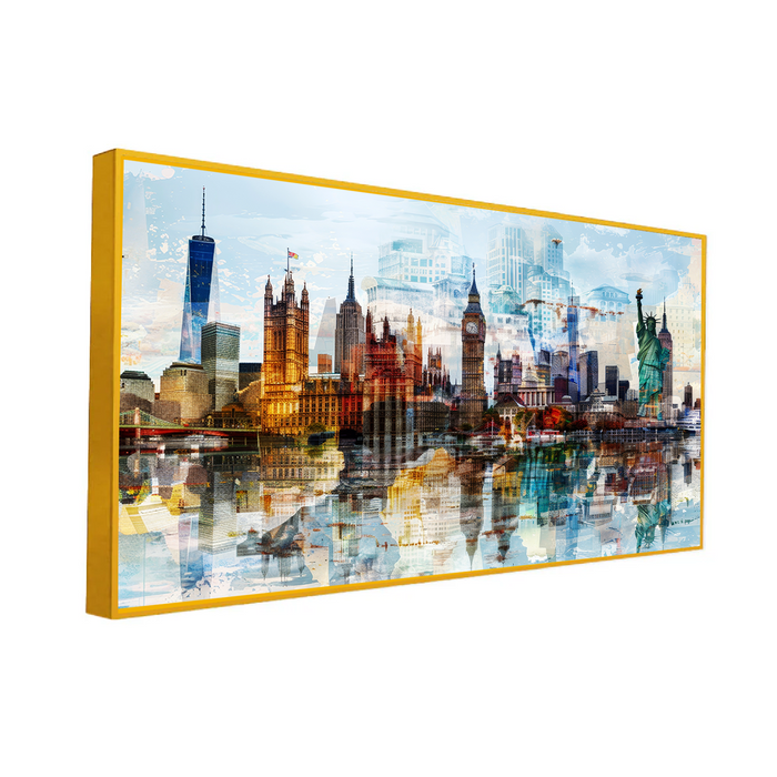 Abstract Cityscape with Tram Skyscrapers Floating Frame Canvas Wall Painting