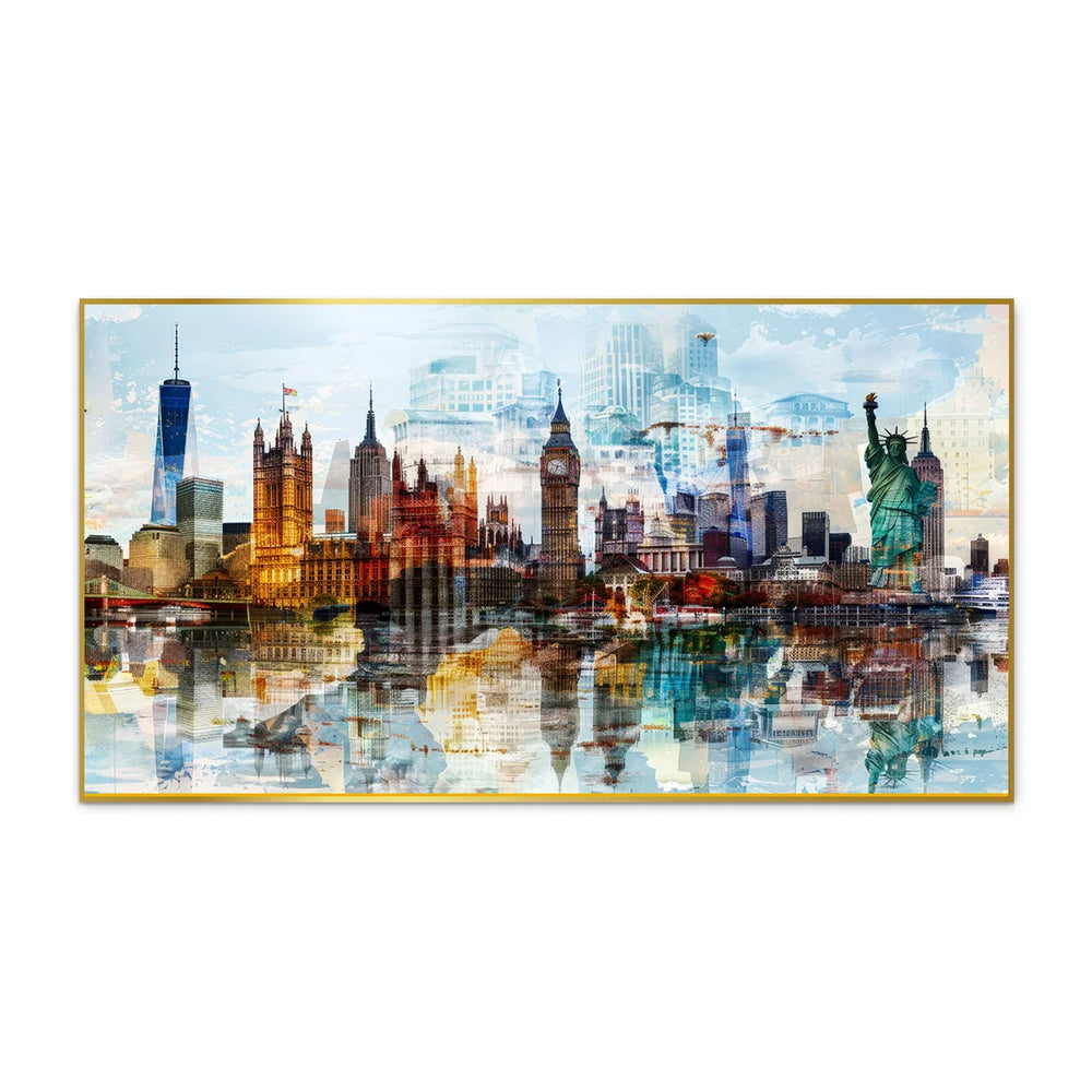 Abstract Cityscape with Tram Skyscrapers Floating Frame Canvas Wall Painting - All India Decor