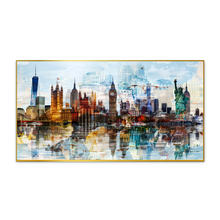 Abstract Cityscape with Tram Skyscrapers Floating Frame Canvas Wall Painting