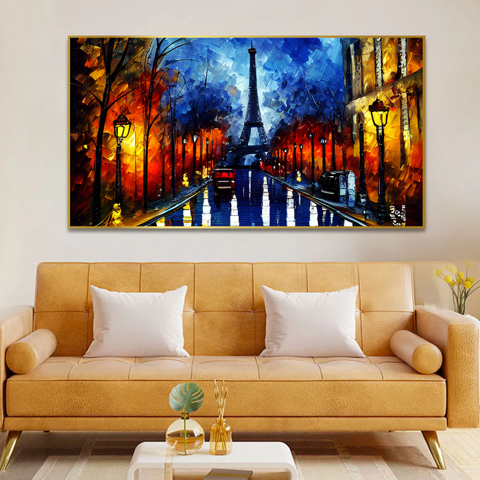 Eiffel Tower & Red Car Multicolor Canvas Wall Painting