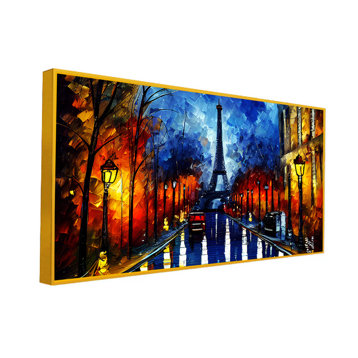 Eiffel Tower & Red Car Multicolor Canvas Wall Painting