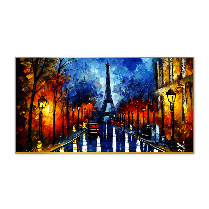 Eiffel Tower & Red Car Multicolor Canvas Wall Painting