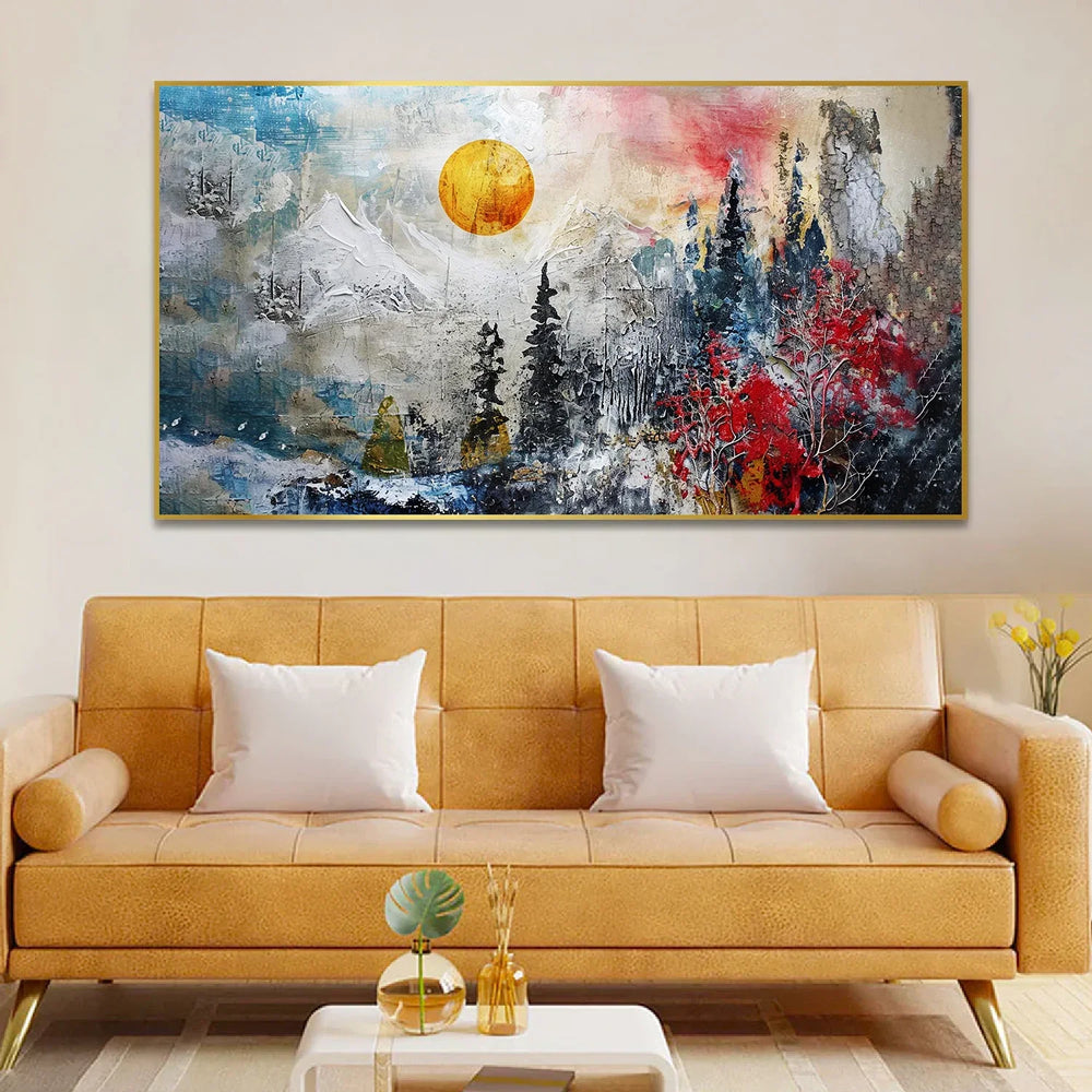 Painting of a Mountain and Sun Scene in the Sky Abstract Canvas Painting - All India Decor