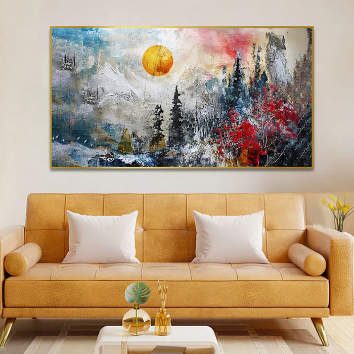 Painting of a Mountain and Sun Scene in the Sky Abstract Canvas Painting