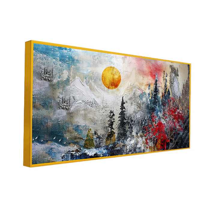 Painting of a Mountain and Sun Scene in the Sky Abstract Canvas Painting