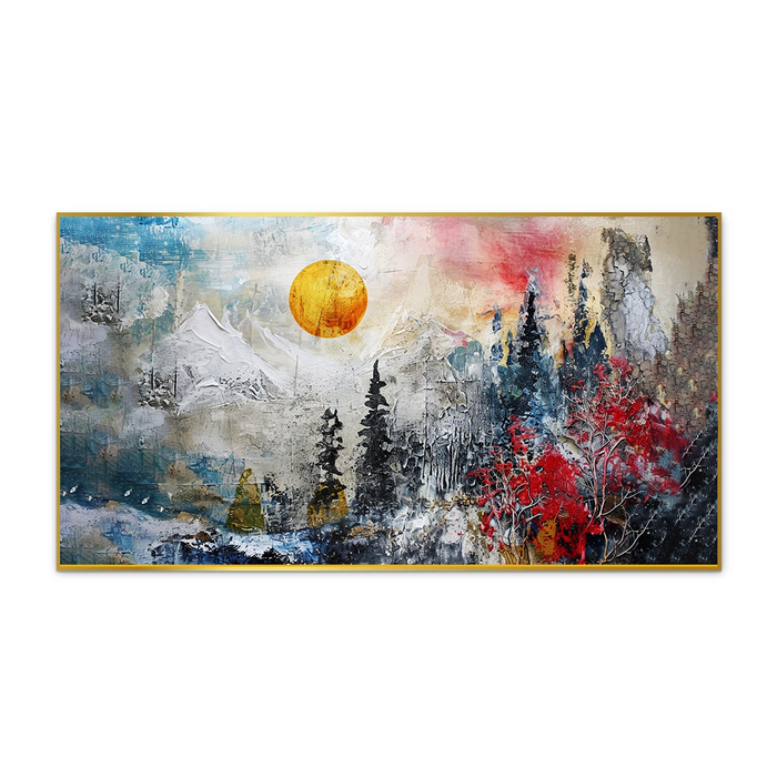 Painting of a Mountain and Sun Scene in the Sky Abstract Canvas Painting