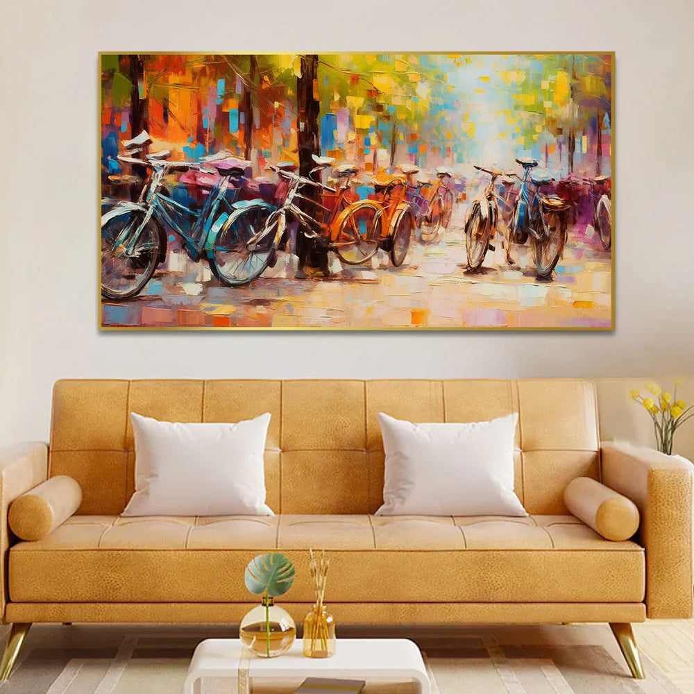 Group of Bicycles Parked on a City Street Floating Framed Canvas Wall Painting - All India Decor