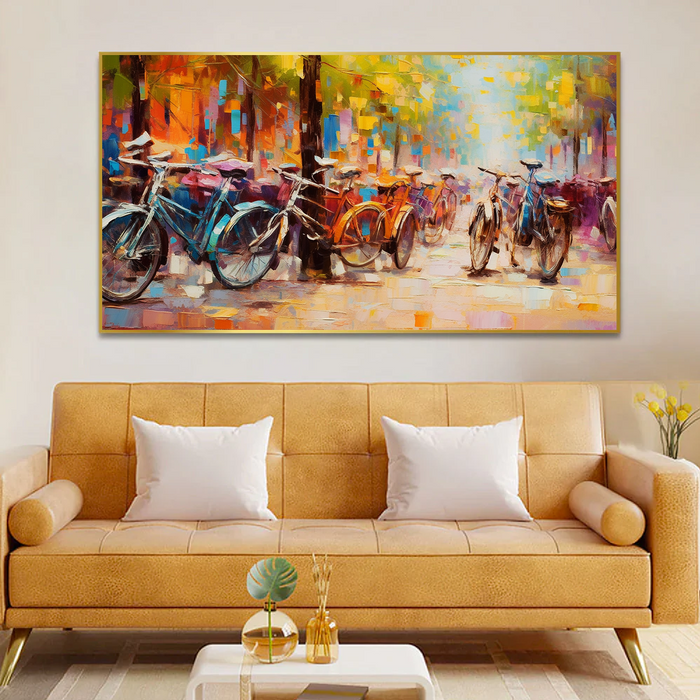 Group of Bicycles Parked on a City Street Floating Framed Canvas Wall Painting