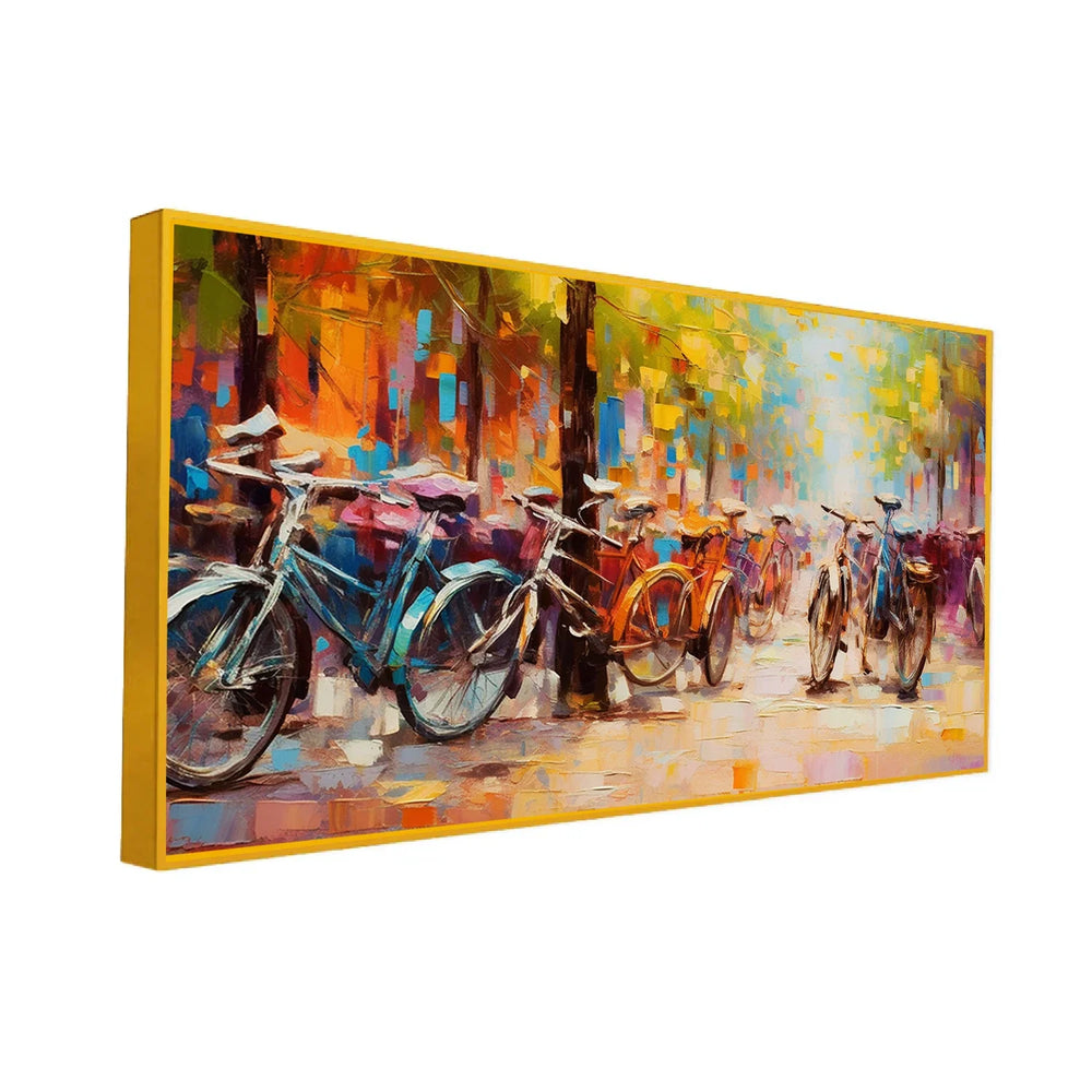 Group of Bicycles Parked on a City Street Floating Framed Canvas Wall Painting - All India Decor