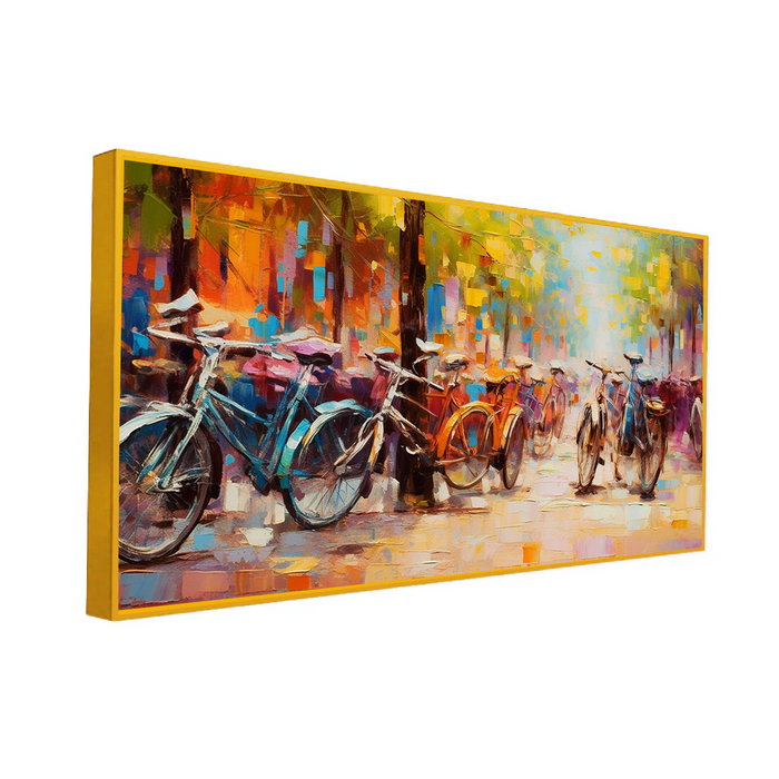 Group of Bicycles Parked on a City Street Floating Framed Canvas Wall Painting