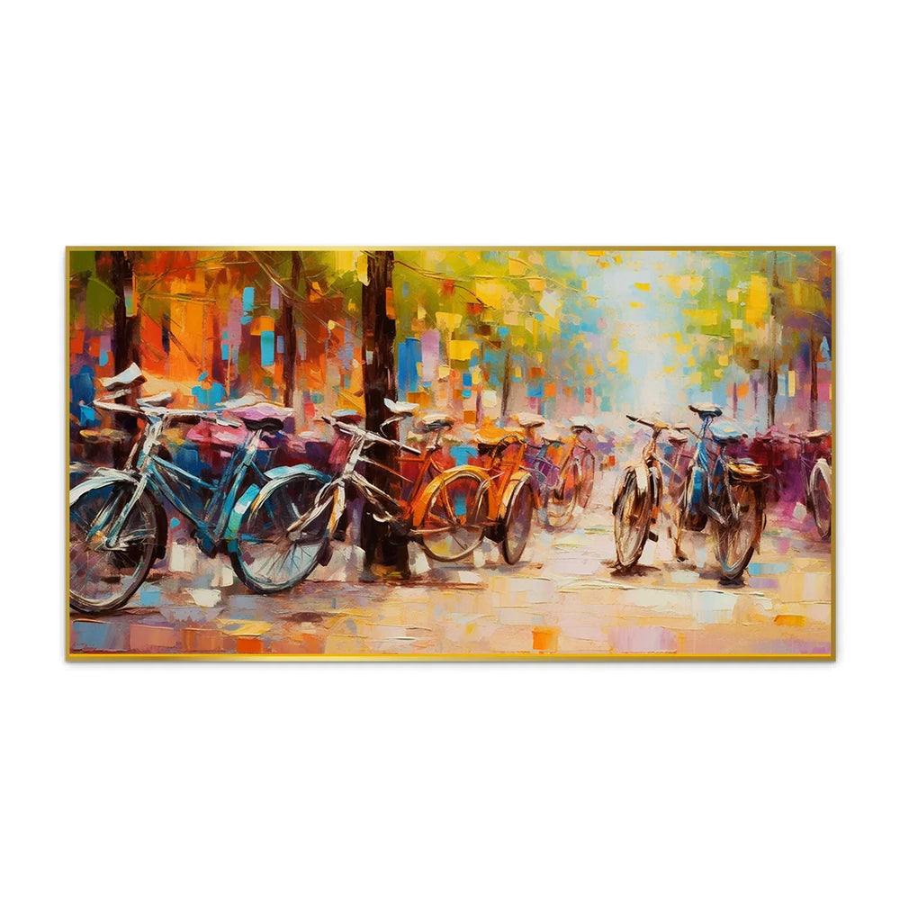 Group of Bicycles Parked on a City Street Floating Framed Canvas Wall Painting - All India Decor
