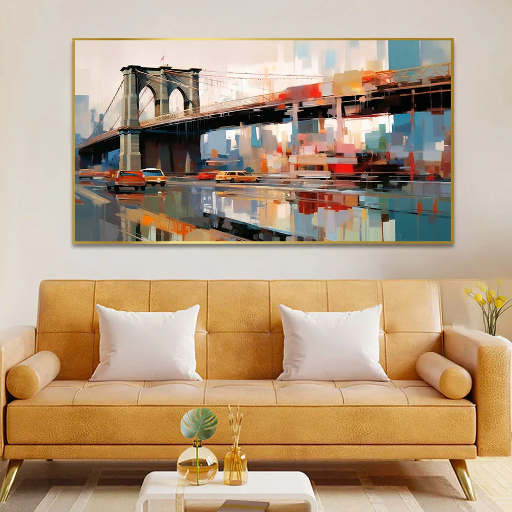 Abstract Canvas Painting of a City Street with a Bridge and Cars - All India Decor