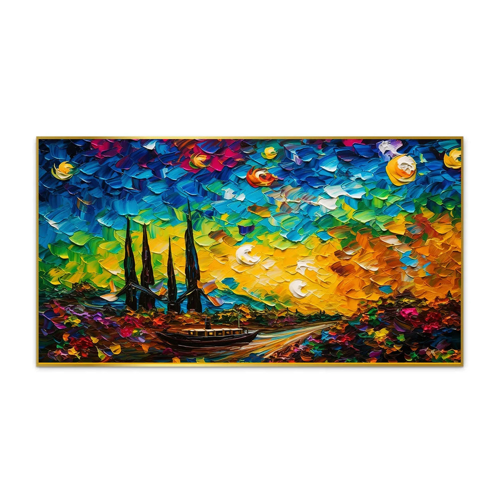 Blue & Yellow Modern Abstract Boat on the Water Framed Canvas Painting - All India Decor