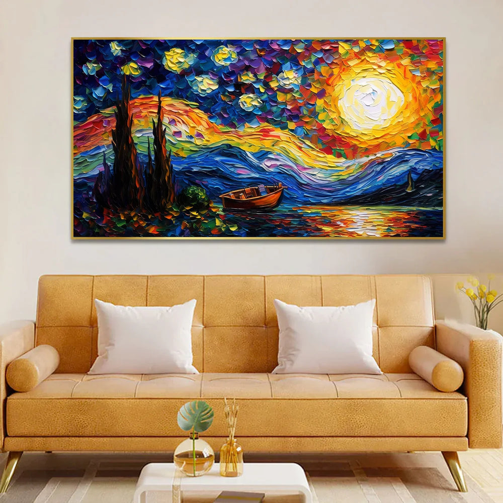 Abstract Multicolor Starry Sky with Sun Shining Canvas Wall Painting - All India Decor