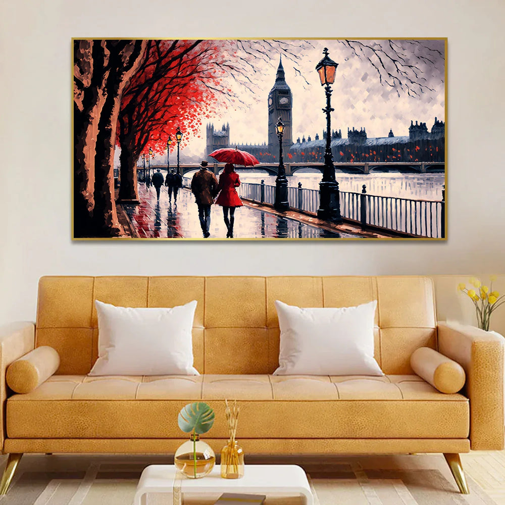 Romantic Couple Walking in Rain Sheltered by Red Umbrella Canvas Wall Painting - All India Decor
