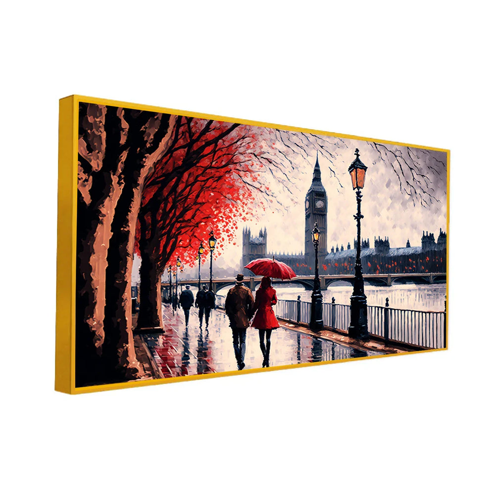 Romantic Couple Walking in Rain Sheltered by Red Umbrella Canvas Wall Painting - All India Decor