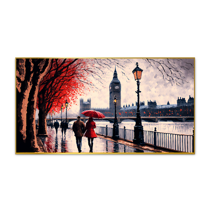 Romantic Couple Walking in Rain Sheltered by Red Umbrella Canvas Wall Painting