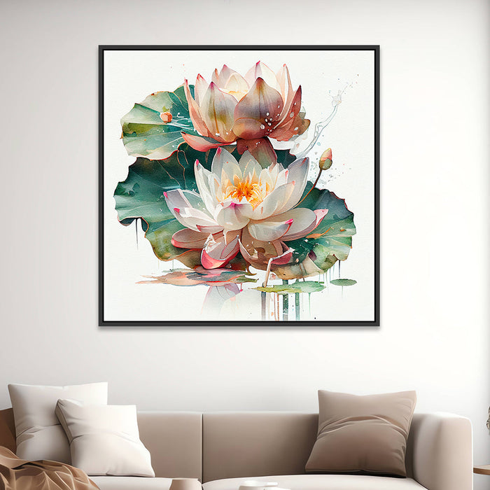 Vibrant Lotus Flower Canvas Floating Framed Wall Painting