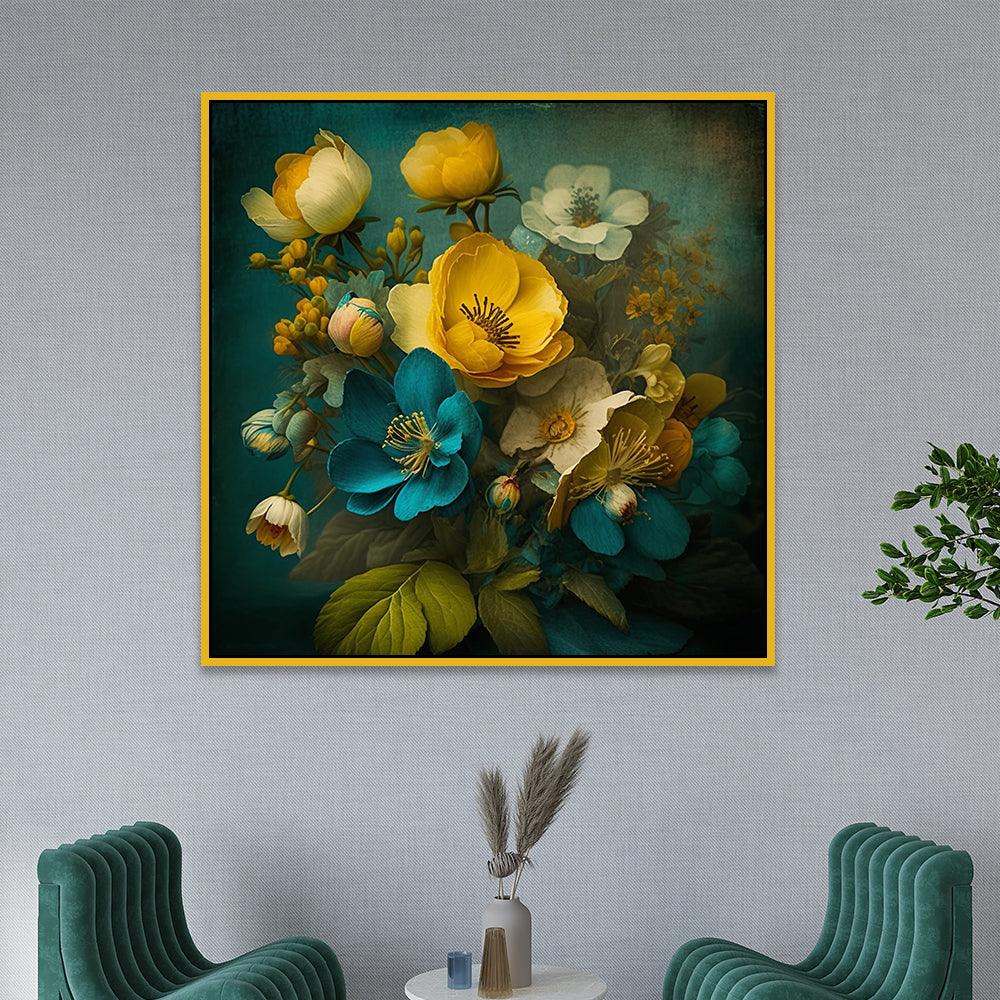 Abstract Blue and Golden Floral Canvas Wall Painting - All India Decor
