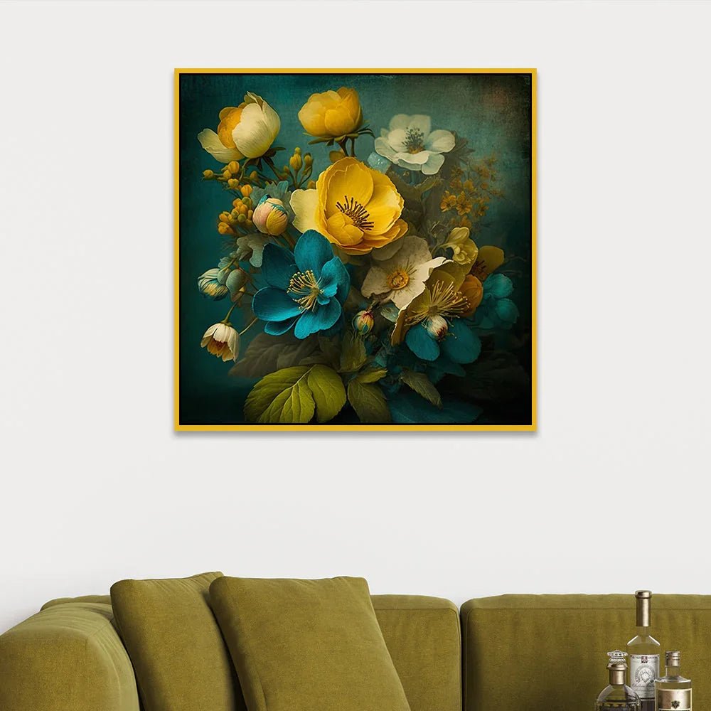 Abstract Blue and Golden Floral Canvas Wall Painting - All India Decor