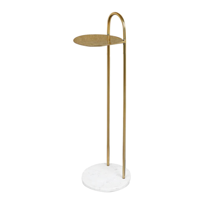 Gold side table with marble base on a white background