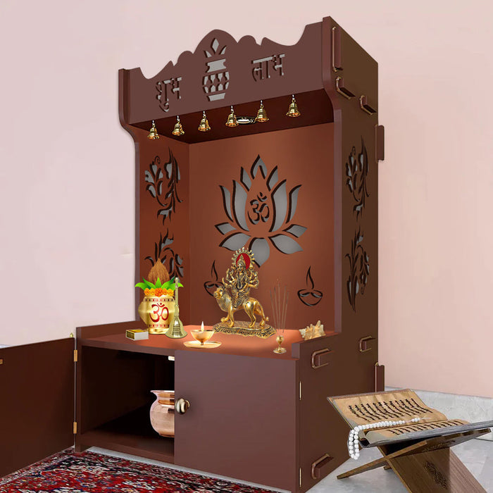 Beautiful Lotus Pattern Floor Temple with Spacious Wooden Shelf & Inbuilt Focus Light- Brown Finish