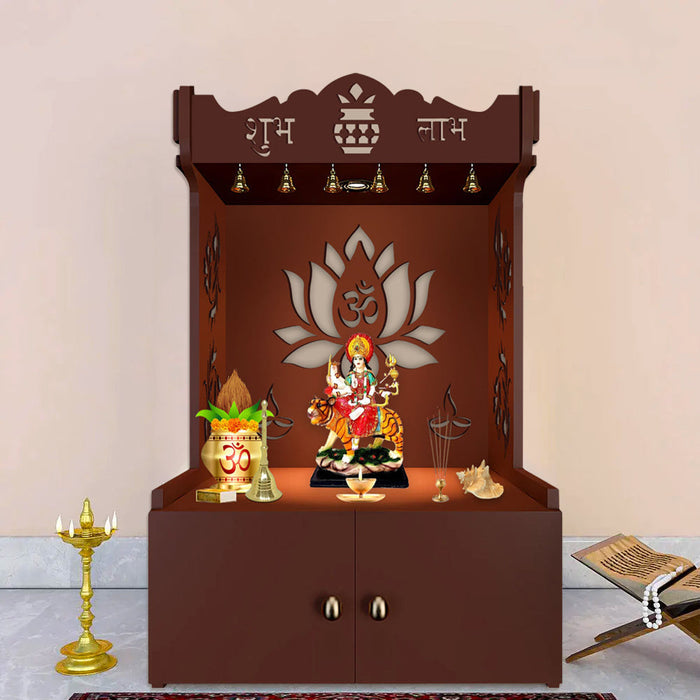 Beautiful Lotus Pattern Floor Temple with Spacious Wooden Shelf & Inbuilt Focus Light- Brown Finish