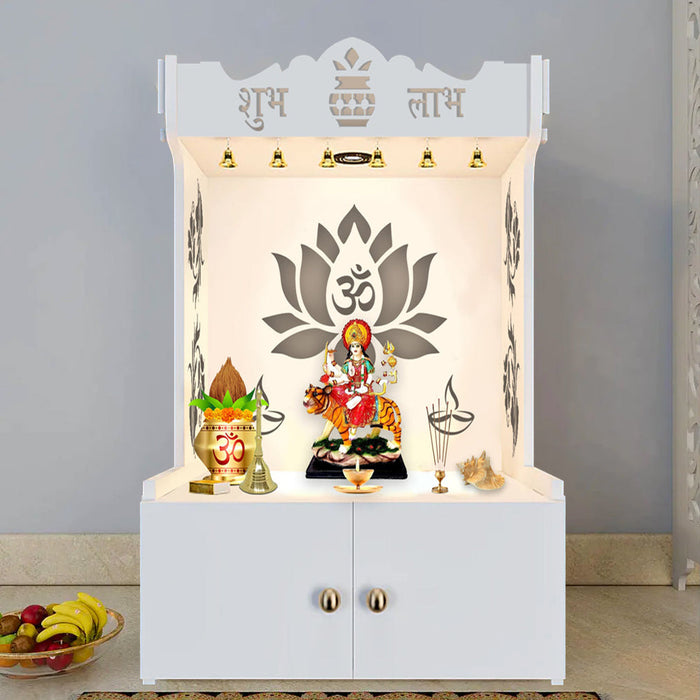 Beautiful Lotus Pattern Floor Temple with Spacious Wooden Shelf & Inbuilt Focus Light- White Finish