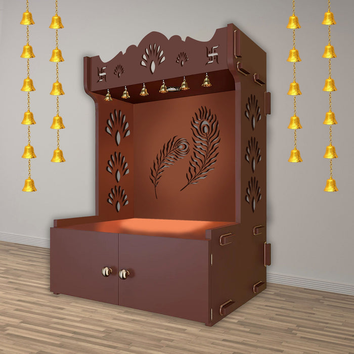 Premium Art of Mor Pankh Floor Temple with Spacious Wooden Shelf & Inbuilt Focus Light- Brown Finish